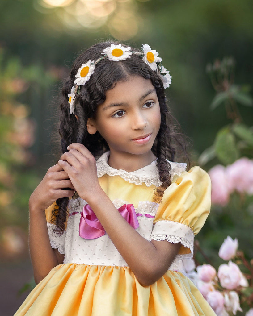 Exclusive Handmade to Order - Belle Yellow, White & Pink Puffball Dress - Mariposa Children's Boutique