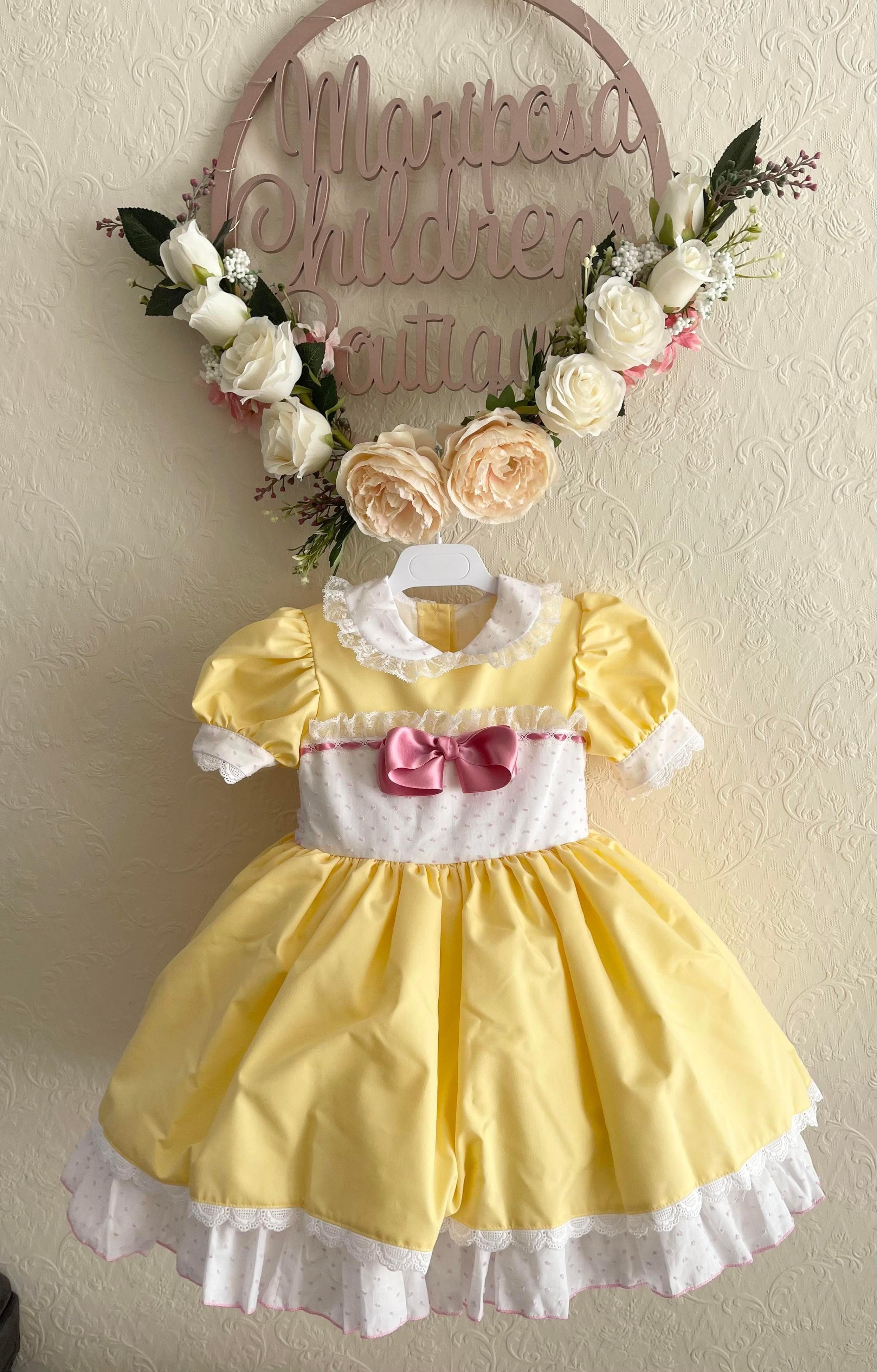 Exclusive Handmade to Order Belle Yellow, White & Pink Dress - Mariposa Children's Boutique