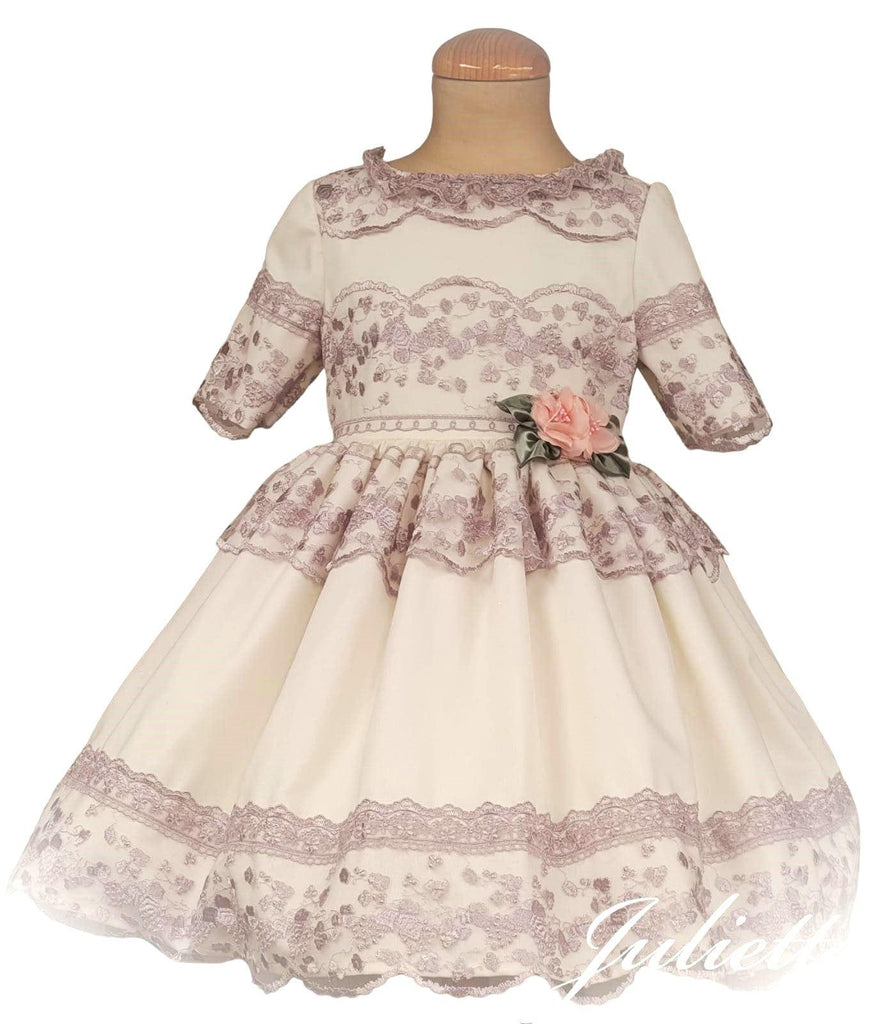 Exclusive Handmade to Order - Girl’s Cream & Lilac Juliette Puffball Dress - Mariposa Children's Boutique