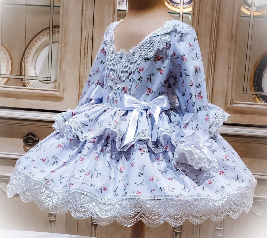 Exclusive SS23 Made to Order - Girls Camellia Blue Floral Puffball Dress - Mariposa Children's Boutique