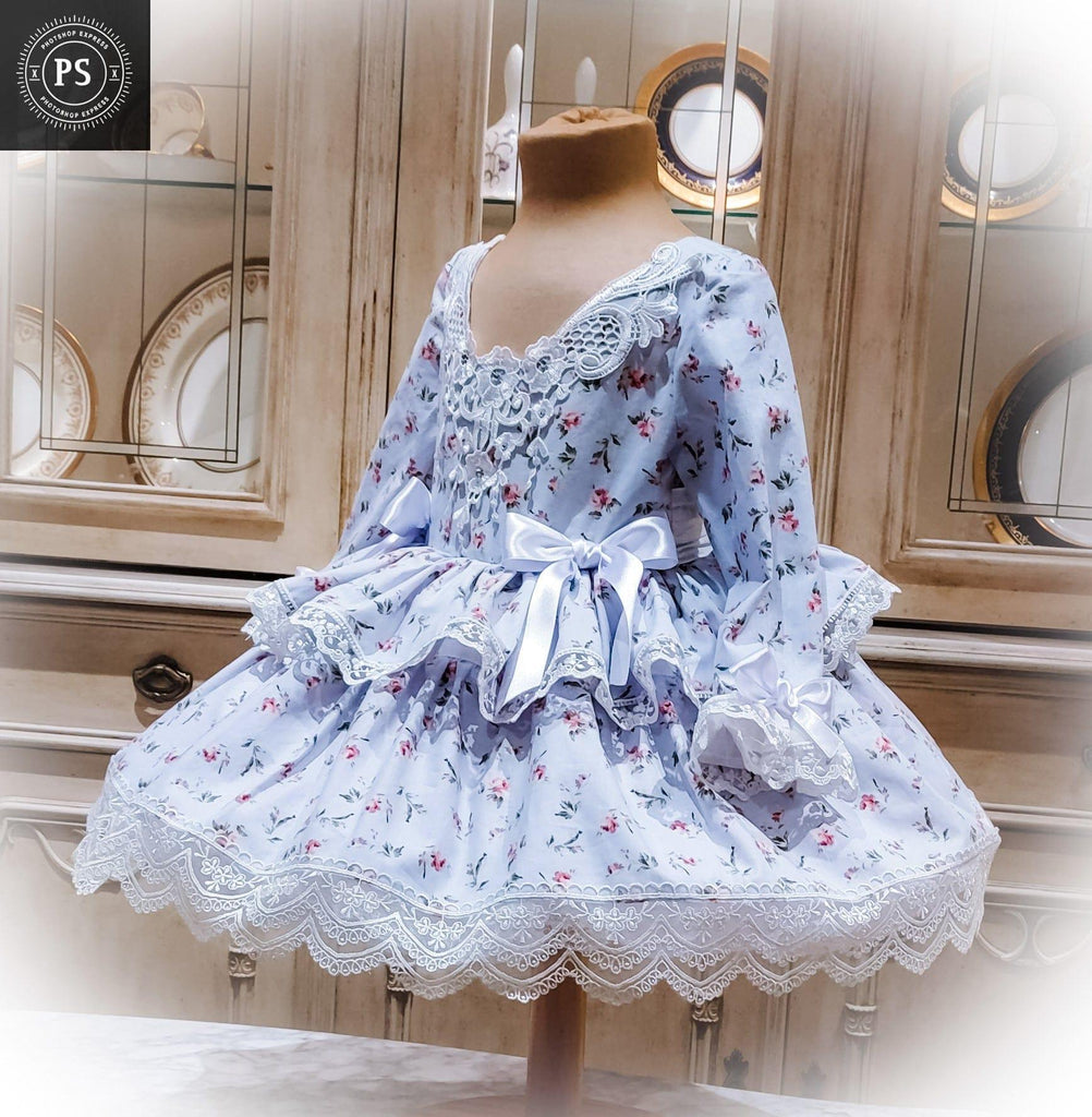 Exclusive SS23 Made to Order - Girls Camellia Blue Floral Puffball Dress - Mariposa Children's Boutique