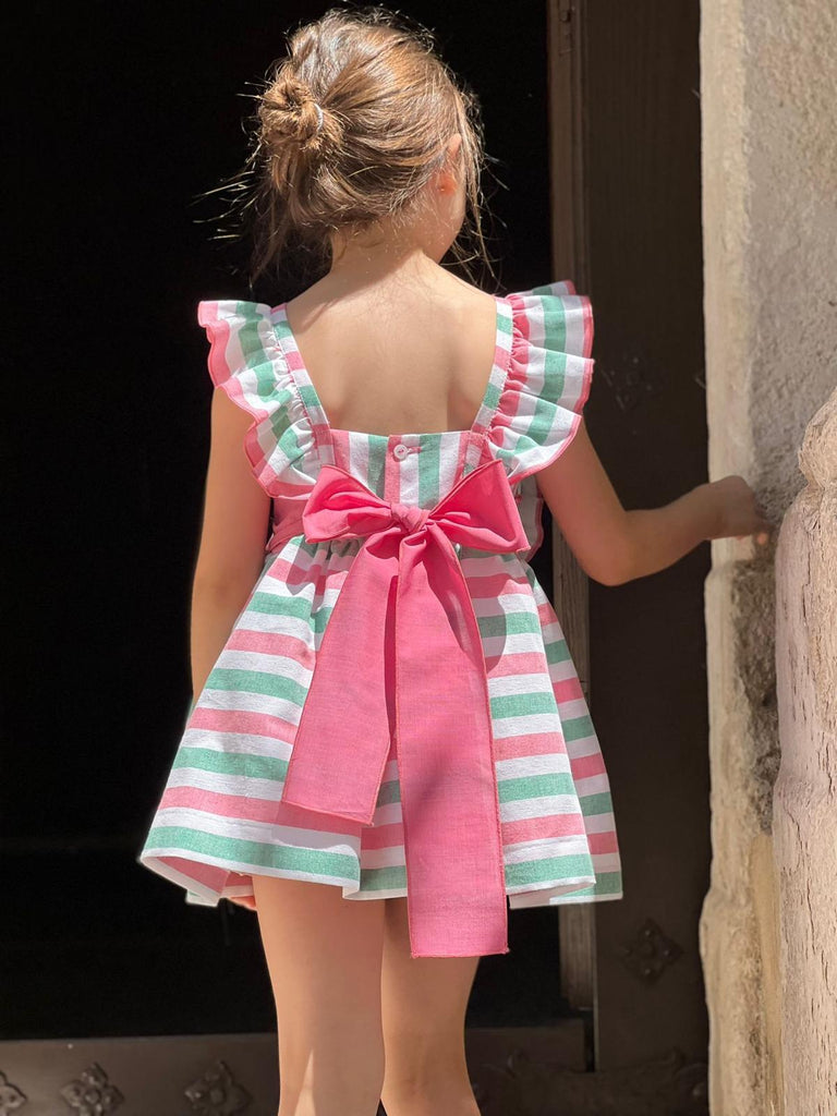 La Peppa SS23 - Girls White, Pink & Green Stripe Dress - Mariposa Children's Boutique