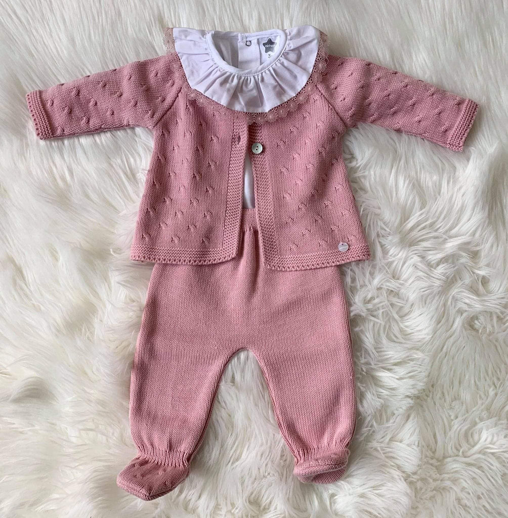 Minhon Baby Knitwear Minhon AW20 - Dusky Pink Knitted 3pc Set with Frill Collar Bodysuit