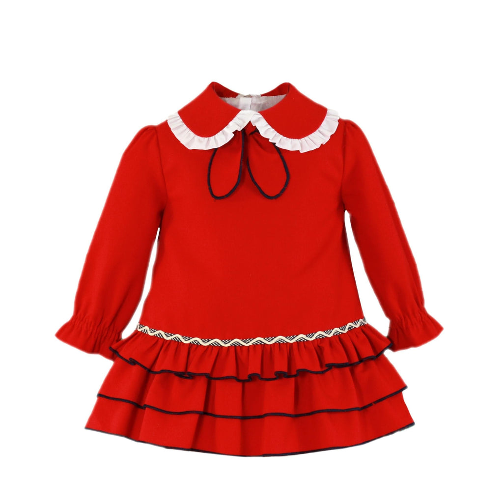 Miranda AW22 PRE-ORDER - Baby Girls Red Ruffle Dress with Navy Piping - Mariposa Children's Boutique