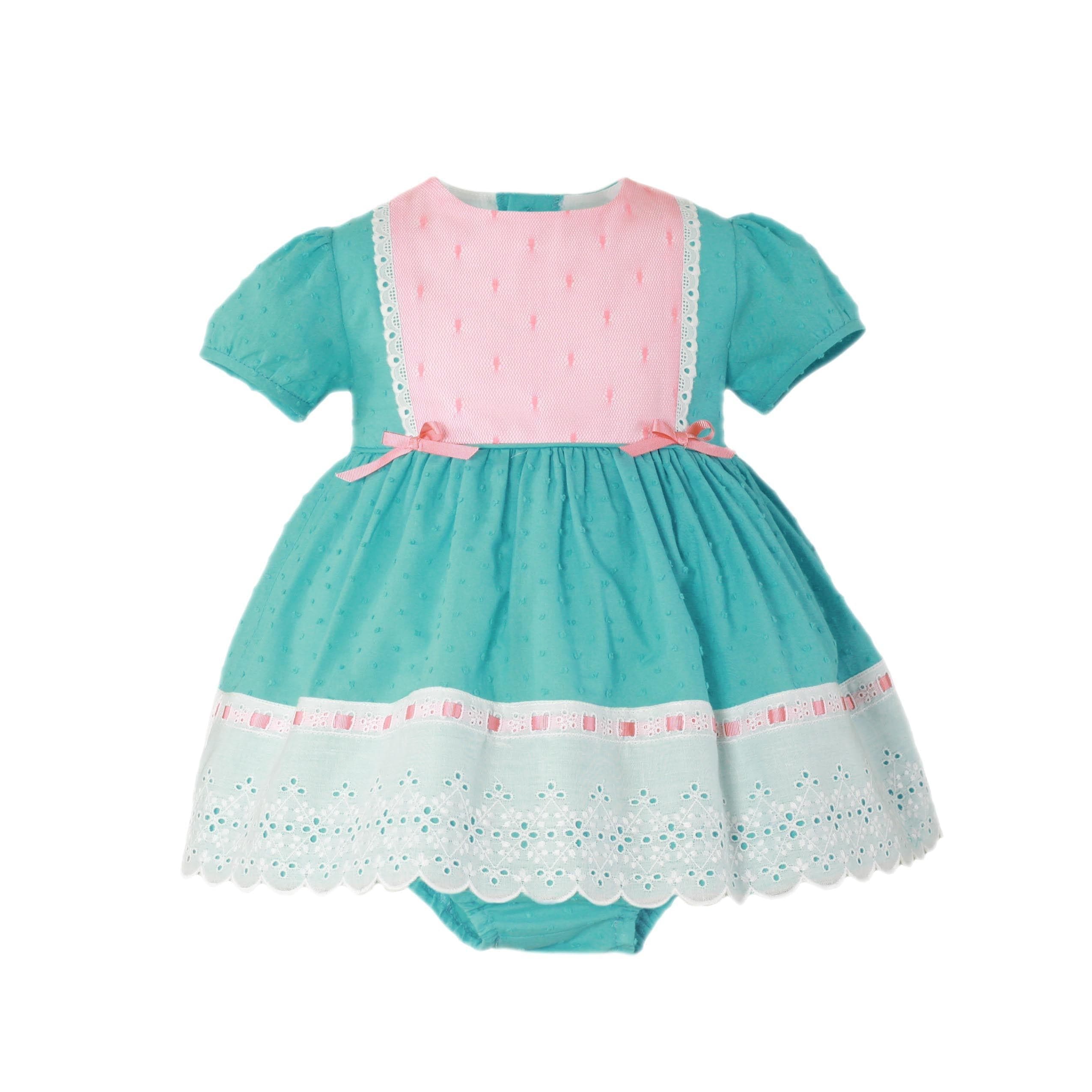 Miranda SS22 - Baby Girls Turquoise White & Pink Dress & Knickers 153VB - Mariposa Children's Boutique