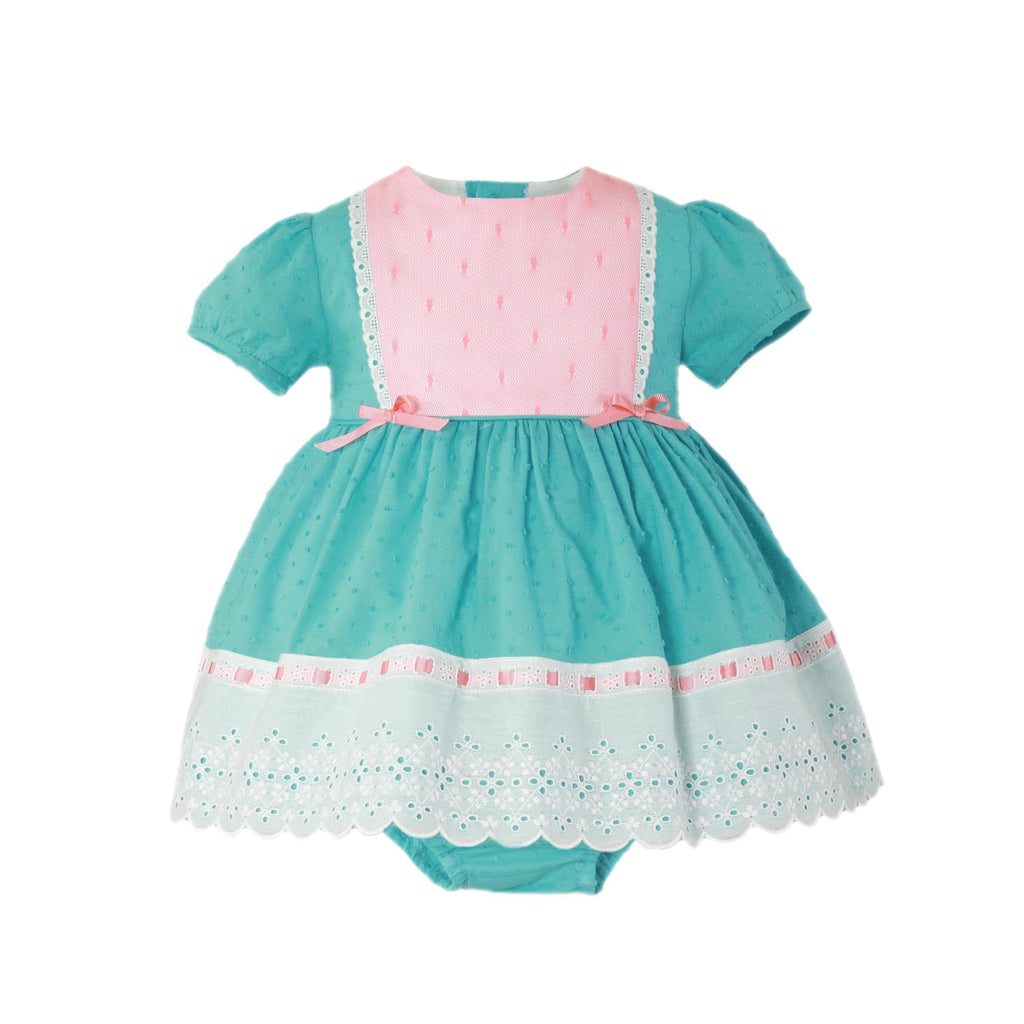Miranda SS22 - Baby Girls Turquoise White & Pink Dress & Knickers 153VB - Mariposa Children's Boutique