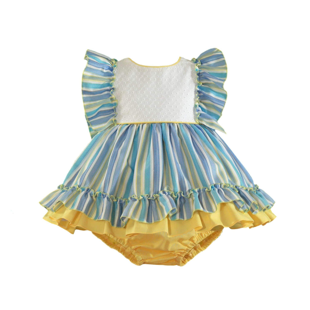 Miranda Baby Girls Dress Miranda SS21 PRE-ORDER - Blue, White & Yellow Stripe Dress & Knickers 527VB
