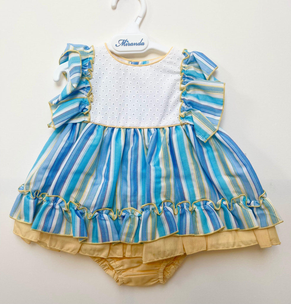 Miranda - Blue, White & Yellow Stripe Dress & Knickers Age 3m - Mariposa Children's Boutique