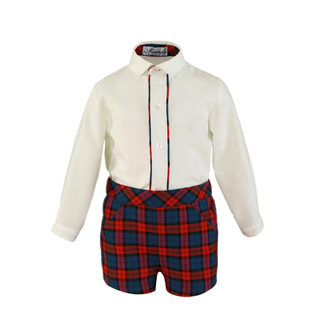 Miranda AW22 PRE-ORDER - Boys Red & Navy Tartan Print Shorts with Matching Shirt - Mariposa Children's Boutique