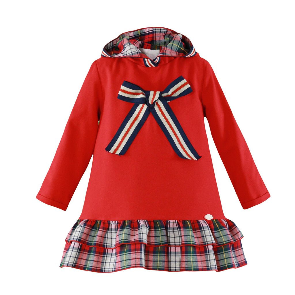 Miranda AW21 - Red & Navy Girls Tartan Trim Hooded Dress 252V - Mariposa Children's Boutique