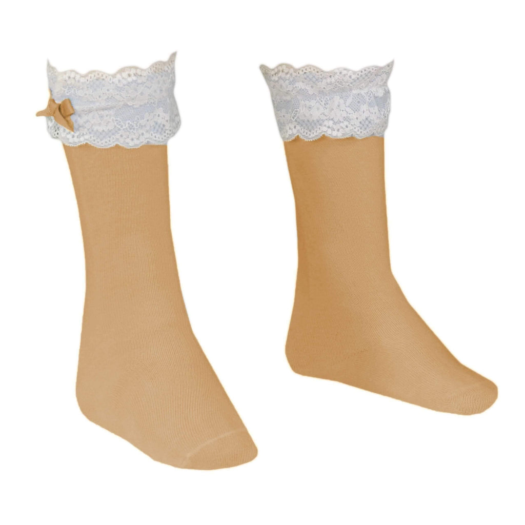 Miranda - Girl's Spanish Camel Knee High Lace Top Socks - Mariposa Children's Boutique