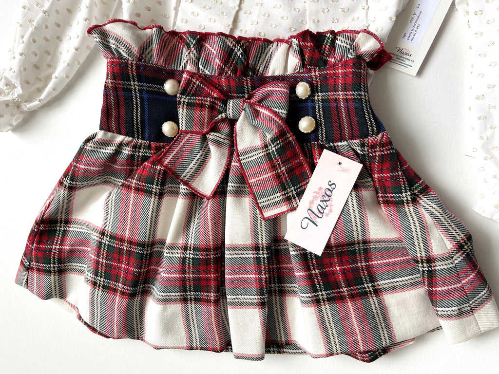 Naxos AW22 - Tartan Print Skirt with Matching Cream & Gold Blouse - Mariposa Children's Boutique