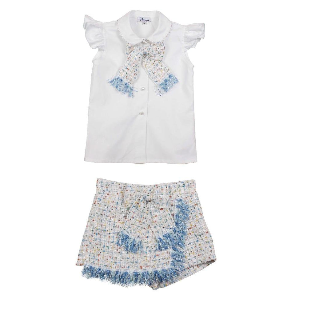 Naxos SS23 - Girls Blue Tweed Style Shorts & Blouse Set - Mariposa Children's Boutique