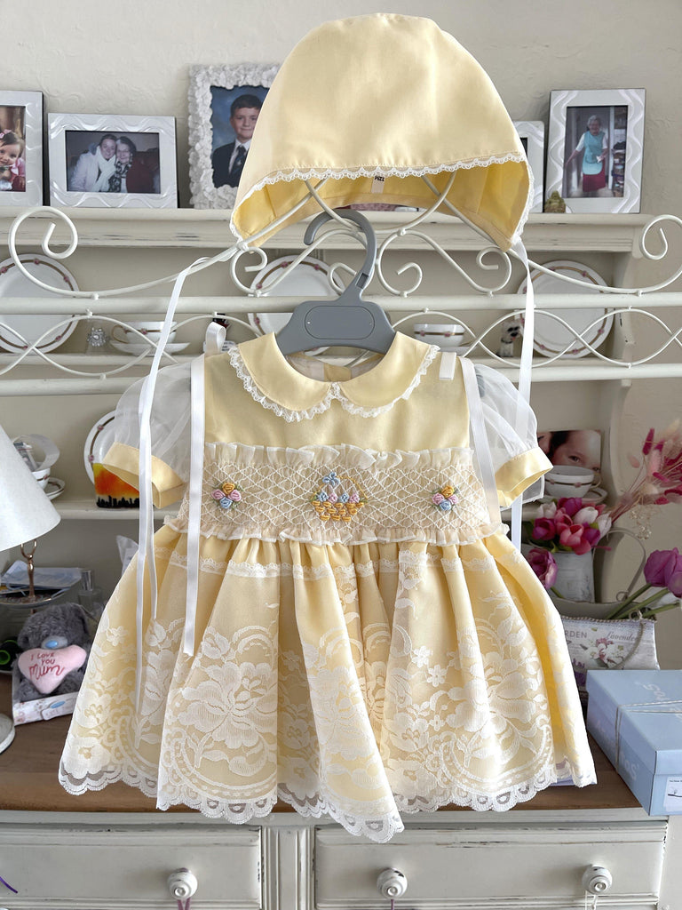 Sonata SS23 - Baby Girls Yellow & Cream Smocked Dress Age 12m - Mariposa Children's Boutique