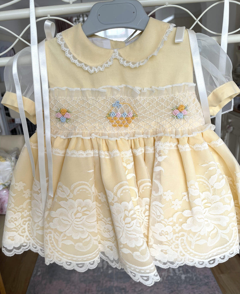Sonata SS23 - Baby Girls Yellow & Cream Smocked Dress Age 12m - Mariposa Children's Boutique