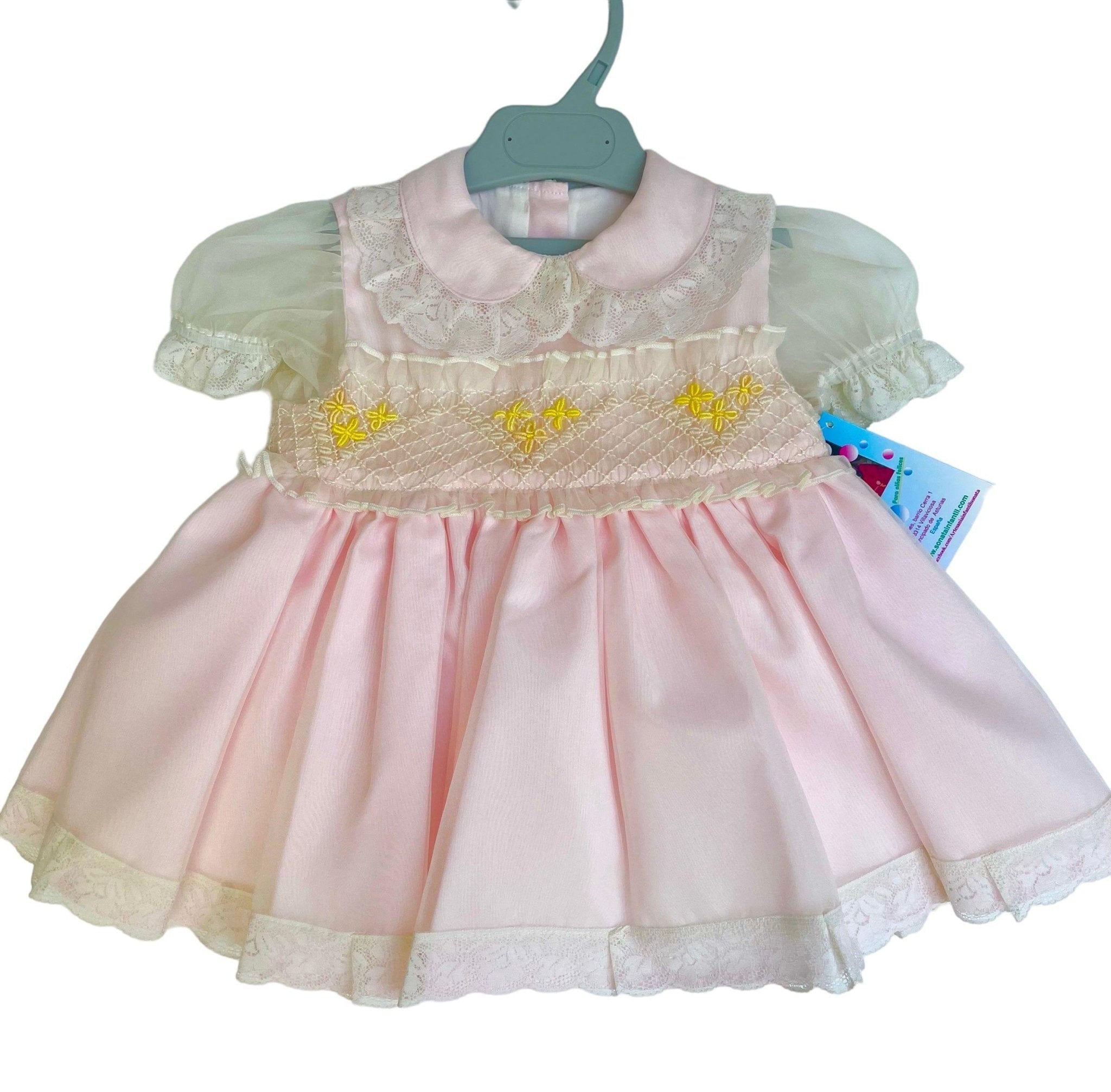 Sonata Infantil girls pink smocked Spanish dress lemon cream handmade Spain