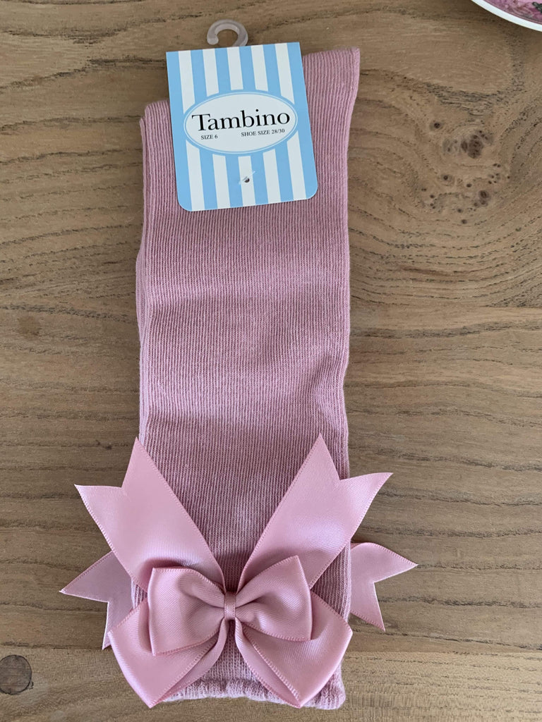 Tambino Socks - Girl's Dusky Pink Knee High Bow Socks - Mariposa Children's Boutique
