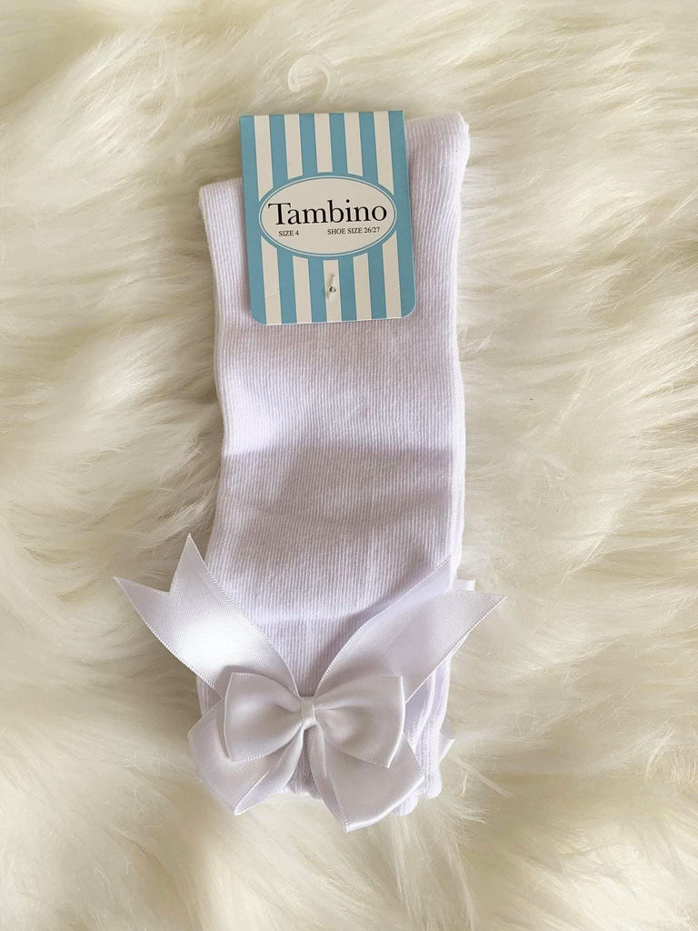 Tambino Socks - Girl's White Knee High Bow Socks - Mariposa Children's Boutique